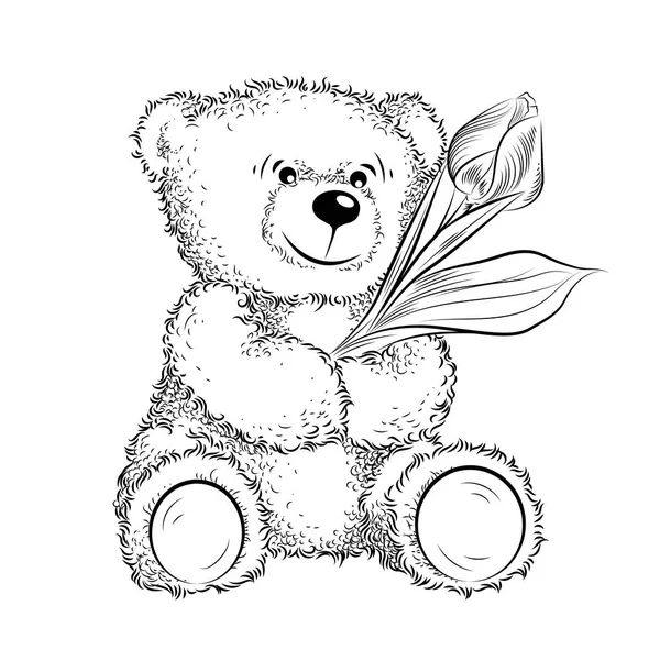 Tekening teddybeer met bloem — Stockvector