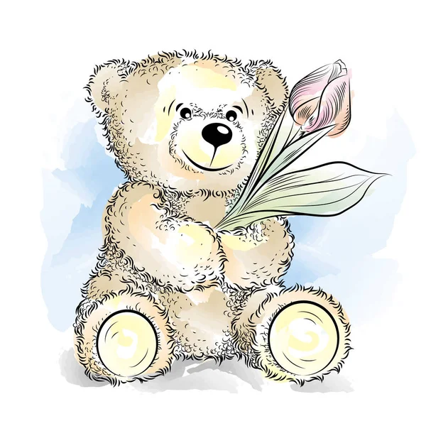 Dibujo de oso de peluche con flor — Vector de stock