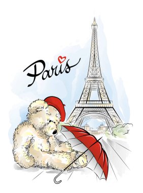 Paris, Fransa'dan Teddy ayı sı ve Eyfel kulesi ile kartpostal