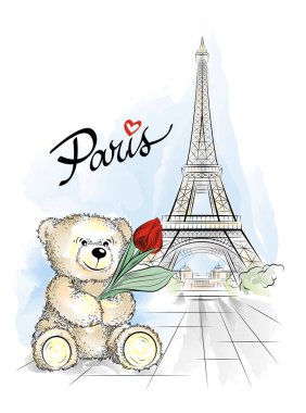 Paris, Fransa'dan Teddy ayı sı ve Eyfel kulesi ile kartpostal