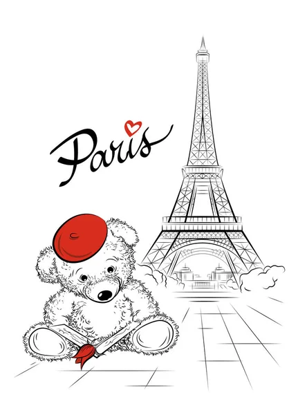 Carte postale avec ours en peluche et tour Eiffel de Paris, France — Image vectorielle