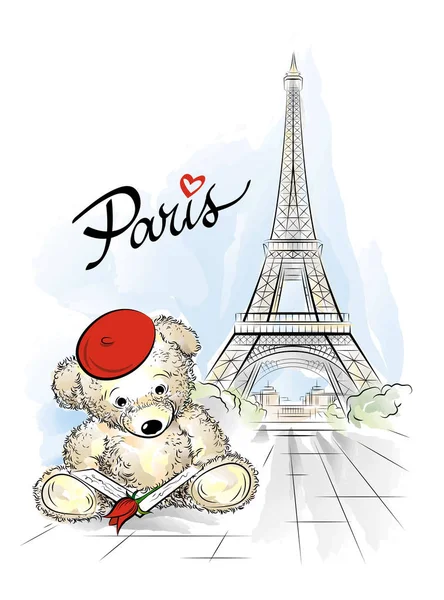 Carte postale avec ours en peluche et tour Eiffel de Paris, France — Image vectorielle
