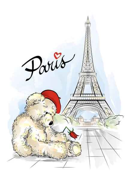 Postkarte mit Teddybär und Eiffelturm aus Paris, Frankreich Stockillustration