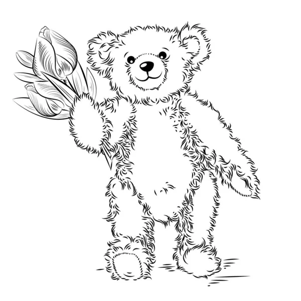 Dibujo de oso de peluche con flores — Vector de stock