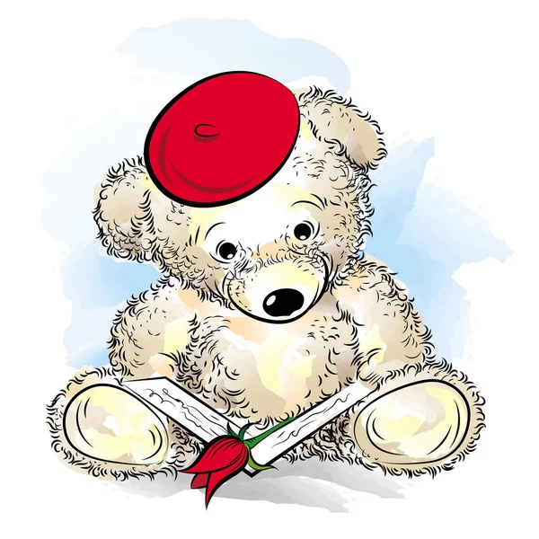 Zeichnung Teddybär mit Buch — Stockvektor
