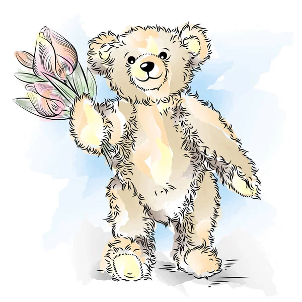 Drawing Teddy Bear with flowers Stock Vector