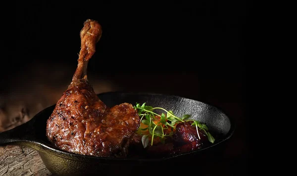 Roasted Duck Leg Iron Skillet Roasted Potatoes Cherry Plum Sauce — Stock Photo, Image