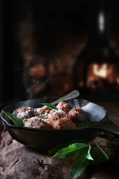 Organic Meat Balls Tomato Sauce Soffritto Passata Grated Parmesan Cheese — Stock Photo, Image