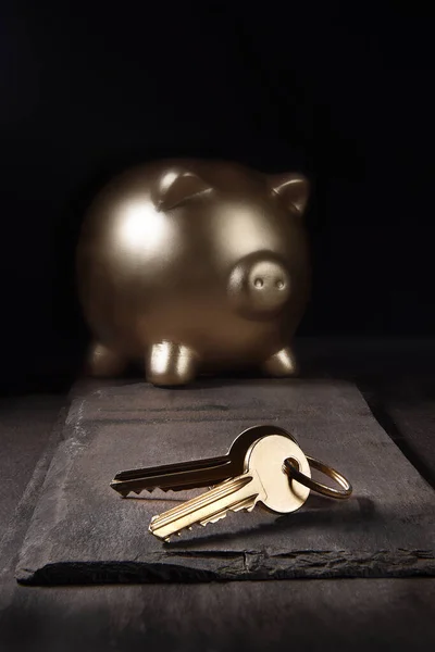 A unique and original property investment image depicting a gold piggy bank and house keys shot against a dark background on slate with generous accommodation for copy space..