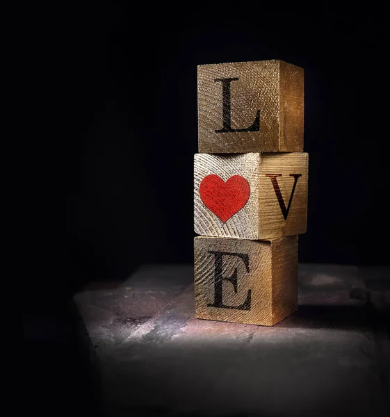 Quadrados Cubo Empilhados Criativamente Iluminados Madeira Real Com Mensagem Amor — Fotografia de Stock
