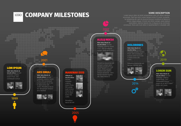 Vector Infographic Company  Timeline Template with pointers on a curved line - dark version