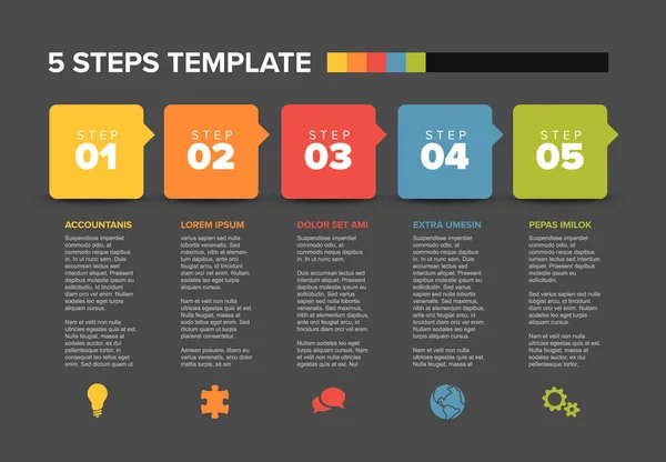 Vector Cinco Pasos Plantilla Progreso Con Descripciones Iconos — Vector de stock