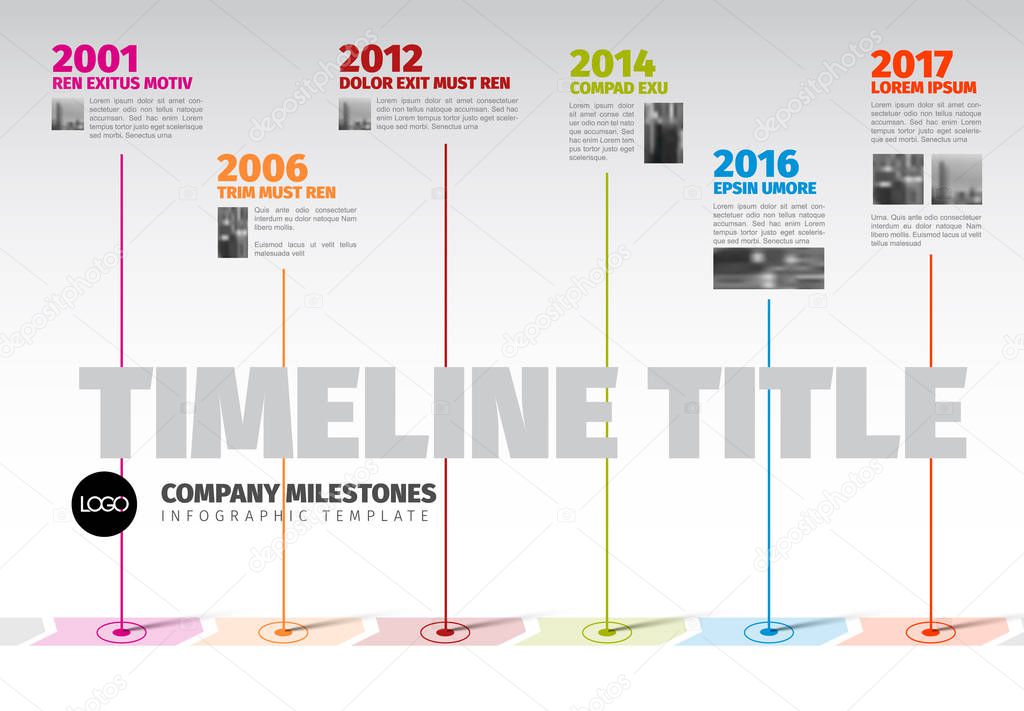 Vector Infographic Company Milestones Timeline Template with pointers and photos on a straight line