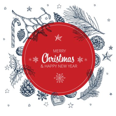 Vektör vintage el çekilmiş Noel kartı ile çeşitli mevsimlik şekilleri - Zencefil Ekmek, ökse otu, koni, fındık - daire etiketi sürüm