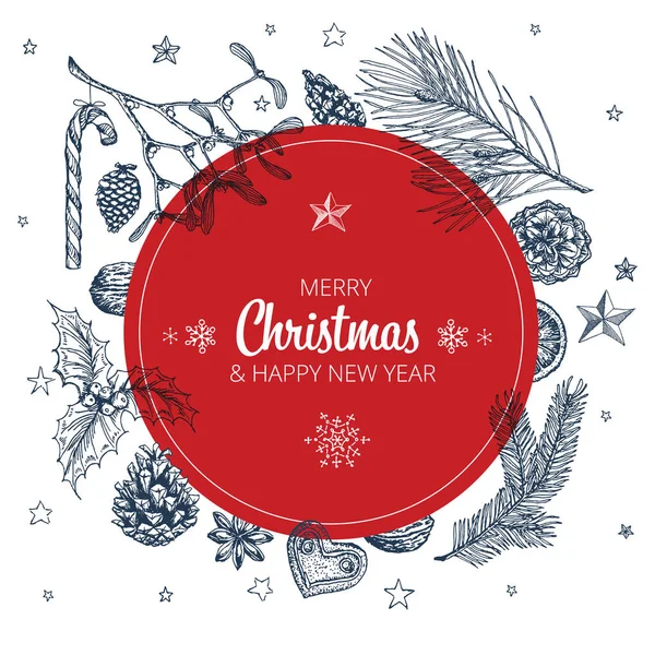 Vektör vintage el çekilmiş Noel kartı ile çeşitli mevsimlik şekilleri - Zencefil Ekmek, ökse otu, koni, fındık - daire etiketi sürüm