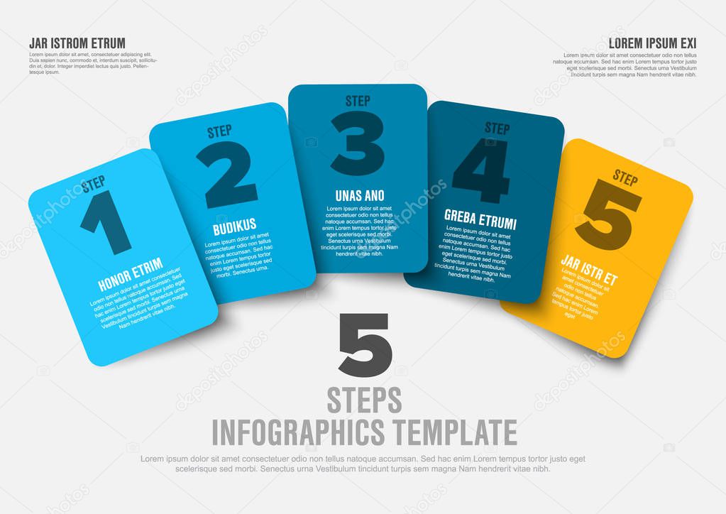 One two three four five - vector progress steps template with descriptions, blue and yellow version