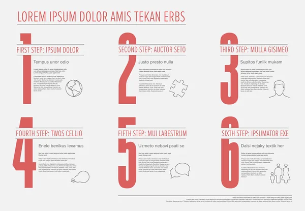 Eins Zwei Drei Vier Fünf Sechs Vektor Hellrote Fortschrittsschrittsvorlage Mit — Stockvektor