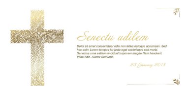 Funeral card template with golden cross made from leafs on white background clipart