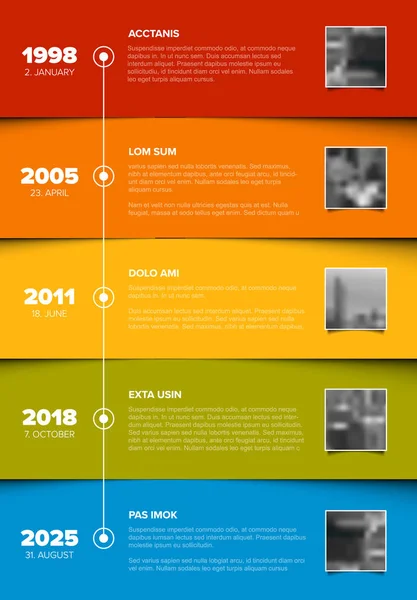 Vector Infographic Företagsmall Milstolpar Tidslinje Med Foto Platshållare Färg Horisontella — Stock vektor