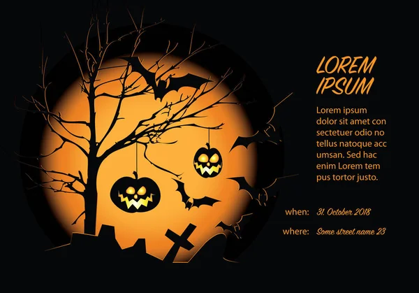 Modelo Cartão Halloween Com Abóboras Morcegos Lua Grande — Vetor de Stock