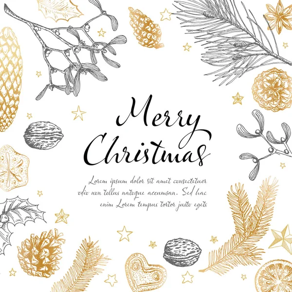 ベクトル ヴィンテージ手描き様々 な季節図形とクリスマス カード テンプレート — ストックベクタ