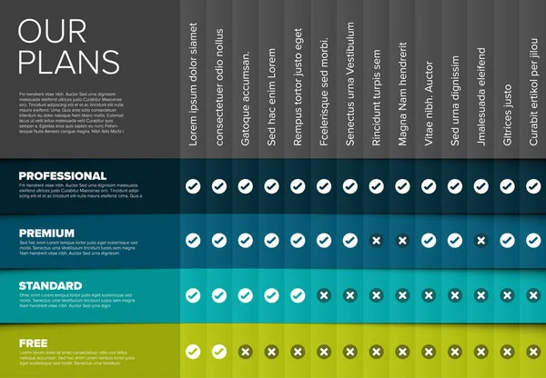 Tarjetas Comparación Precios Producto Servicio Con Descripciones Lista Características Versión — Vector de stock