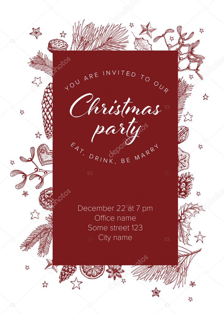 Vector vintage hand drawn Christmas party invitation template with various seasonal shapes