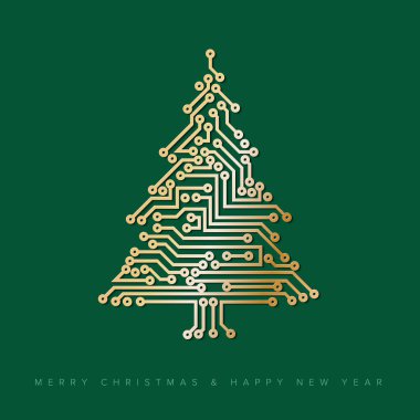 Vektör Noel ağacı dijital altın elektronik devre yeşil baskılı devre üzerinde yapılan