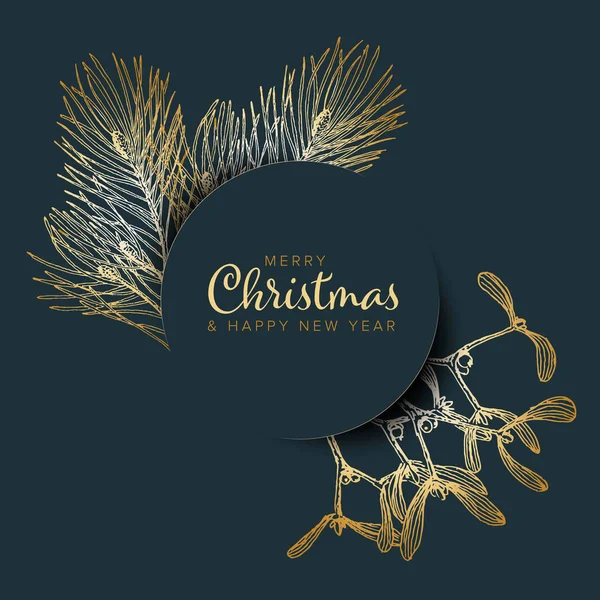 Διάνυσμα Vintage Χέρι Που Χριστουγεννιάτικη Κάρτα Πρότυπο Branchlets Δέντρο Πεύκο — Διανυσματικό Αρχείο