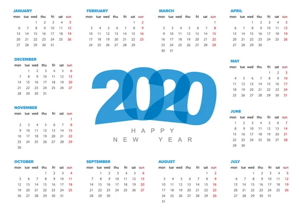 Plantilla Calendario Vectorial Para Año 2020 — Vector de stock