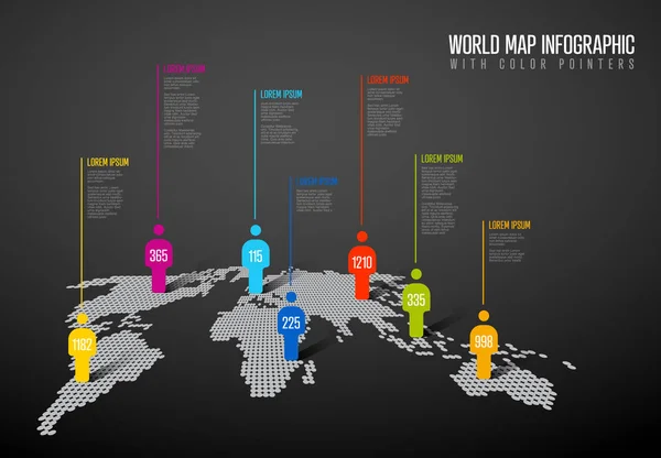 Světlo Světa Mapa Infografika Šablony Lidmi Piny Siluety Dark Verze — Stockový vektor