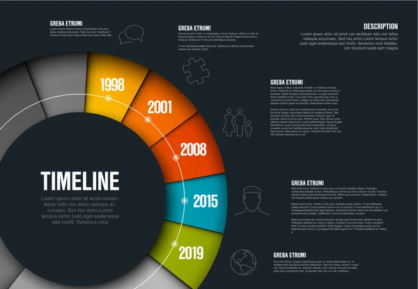 Vektorinfografische Zeitleistenvorlage Aus Buntem Rad Dunkle Version — Stockvektor