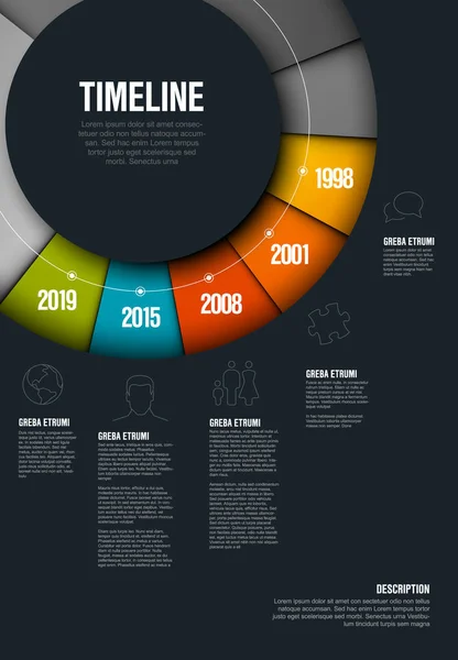 Plantilla Línea Tiempo Vector Infographic Hecha Rueda Colores Versión Oscura — Vector de stock