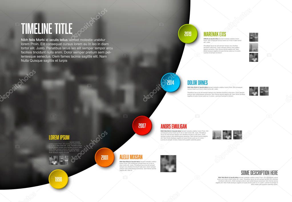 Vector Infographic timeline report template with big photo placeholder, icons, photos, years and color buttons. Business company overview profile.