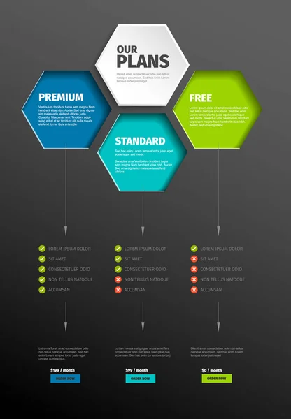 Tarjetas Comparación Precios Producto Servicio Con Descripciones Versión Vertical Oscura — Vector de stock