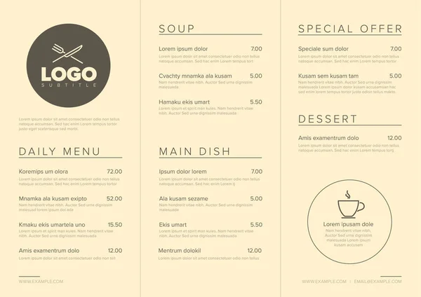 Nowoczesny Jasnobrązowy Minimalistyczny Szablon Menu Restauracji Trzema Kolumnami Design Layout — Wektor stockowy