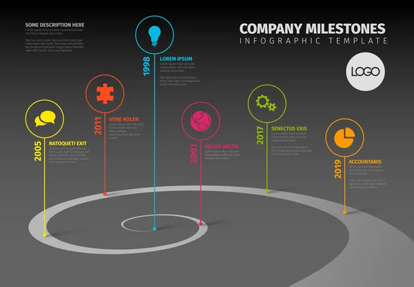 Modèle Timeline Evolution Avec Modèle Spirale Icônes Version Sombre — Image vectorielle