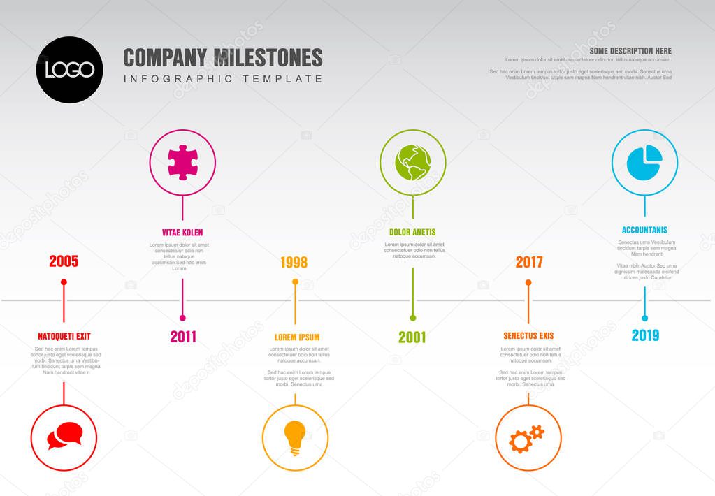 Vector Infographic Company Milestones Timeline Template with pointers on a straight road line