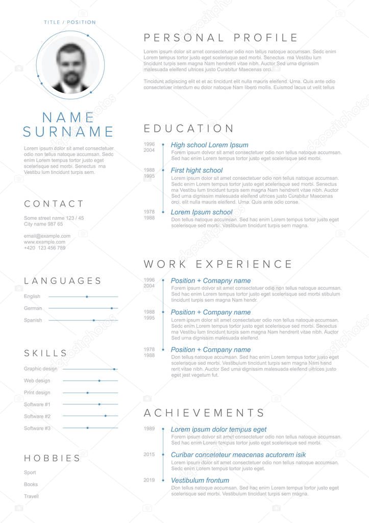 Vector minimalist cv / resume template with blue accent and nice typogrgaphy design 