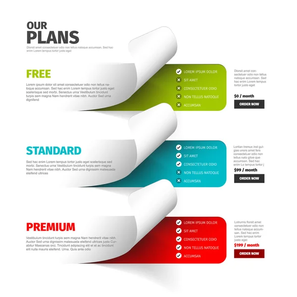 Tableau comparatif des prix des produits / services — Image vectorielle