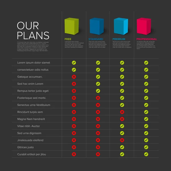 Products features list table — Stock Vector