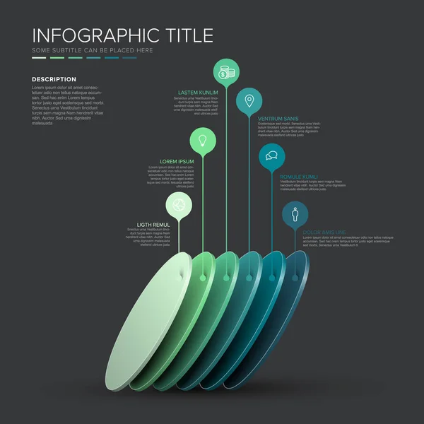 Modello Strati Circolari Diagonali Infografici Vettoriali Con Sei Scrivanie Livello — Vettoriale Stock