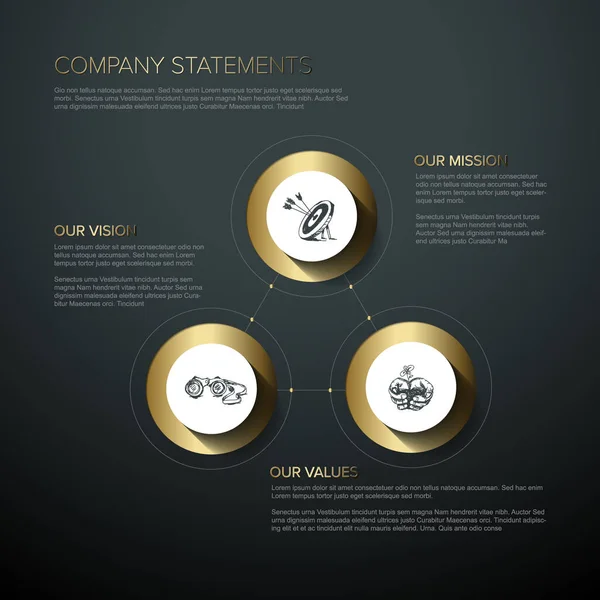 Vetor Missão Visão Valores Diagrama Esquema Infográfico Com Acento Dourado — Vetor de Stock