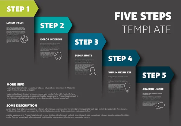 Ein Zwei Drei Vier Fünf Vektor Dunkelblau Grün Fortschrittsschrittsvorlage Mit — Stockvektor