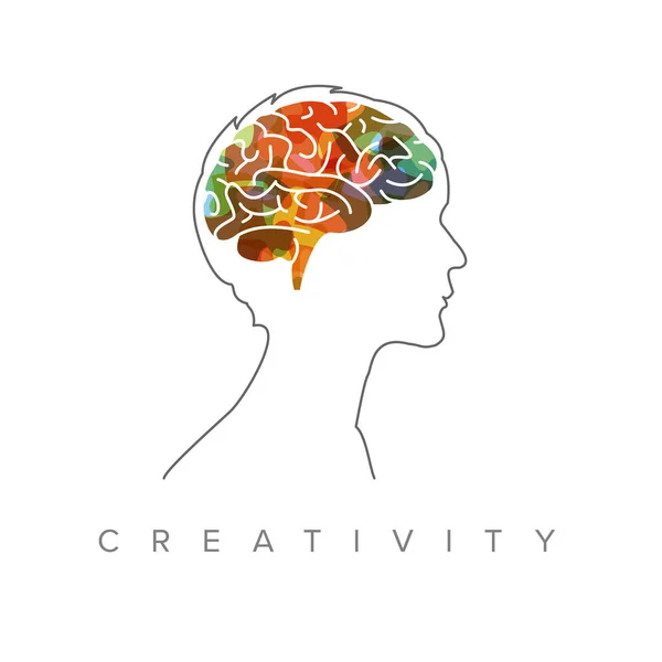 Criatividade Modelo Ilustração Conceito Feito Ícone Cérebro Colorido Silhueta Cabeça —  Vetores de Stock