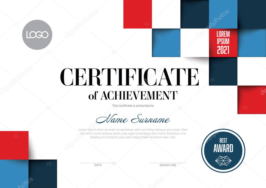 Modern certificate of achievement template with place for your content - material red and blue design squares