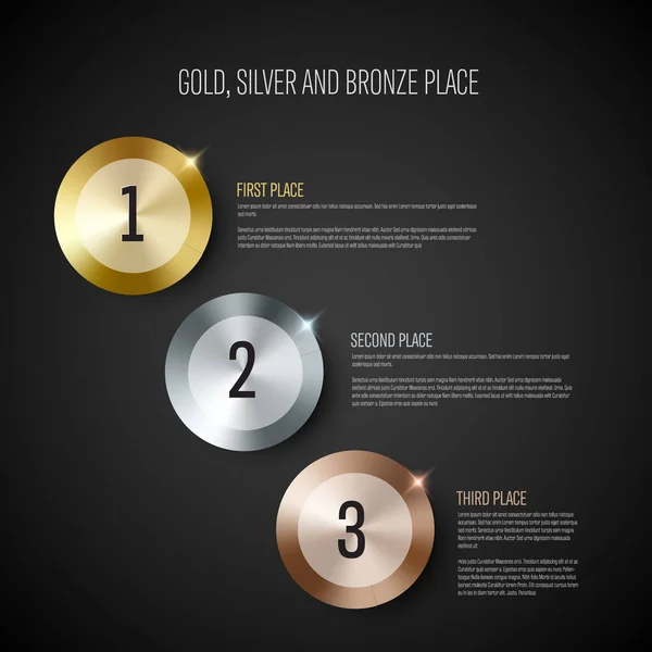 Altın Gümüş Bronz Madalya Ödülü Kazanan Isimler Koyu Arkaplanda — Stok Vektör