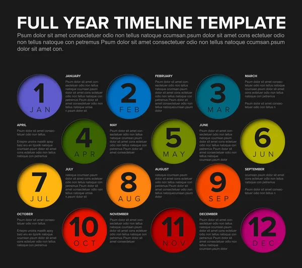 Cały Rok Timeline Template All Months Circle Mozaika Wersja Dark — Wektor stockowy