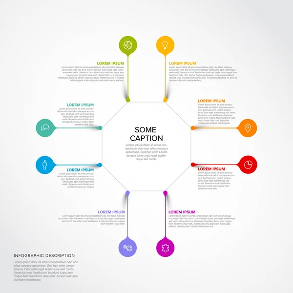 Vector Multipurpose Infographic Template Eight Colorful Droplet Pins Icons Description — Stock Vector