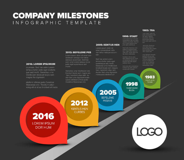 Vector Infographic Company Milestones Timeline Template with pointers on the road - dark version